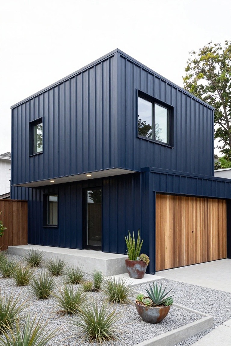 Two-story modern house with navy blue corrugated metal siding, black-framed windows, wooden garage door, concrete entry platform, and gravel landscaping with agave plants.