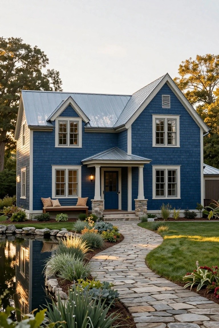 A two-story house with navy blue shingle siding, white trim, gabled metal roof, front porch with bench and lantern, stone path leading from a pond with rocks and plants to the entry, surrounded by lawn and trees at dusk.