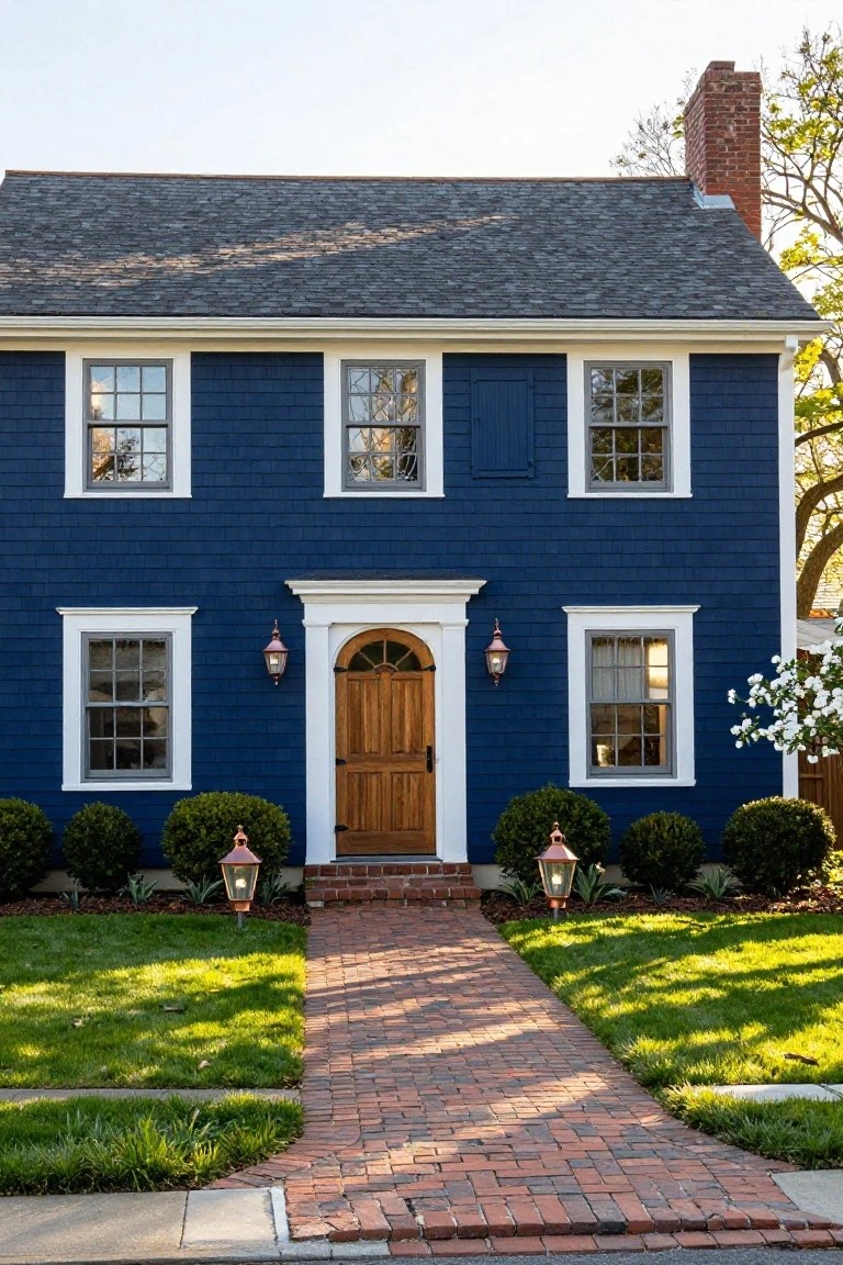 Two-story house with navy blue shingle siding, white trim around multipane windows and arched wooden front door, flanked by copper lanterns, brick walkway, boxwood shrubs, and green lawn.