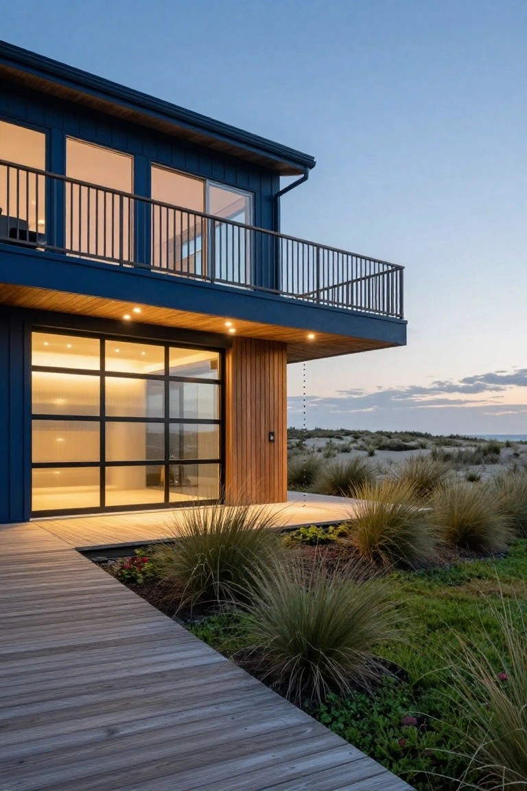 Two-story beach house exterior featuring navy blue siding, cedar wood pillars and trim, large grid-pattern glass garage door, upper balcony with railing, and wooden boardwalk path surrounded by dune grasses at dusk.