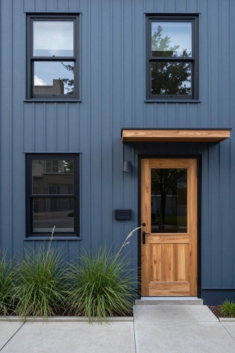 Front view of a two-story house with dark blue vertical board-and-batten siding, black-framed double-hung windows, a light wooden paneled front door under a wooden awning, black wall light and mailbox, ornamental grasses along the base, and a concrete front path.