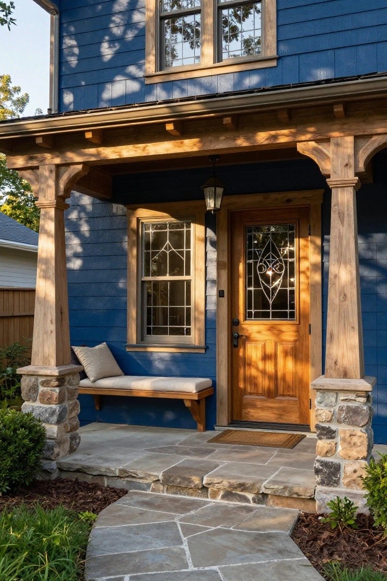Front view of a two-story blue clapboard house with a covered porch supported by tapered wooden posts on stone bases, an oak front door with stained glass panels, side bench, flagstone steps and pathway, and low landscaping.