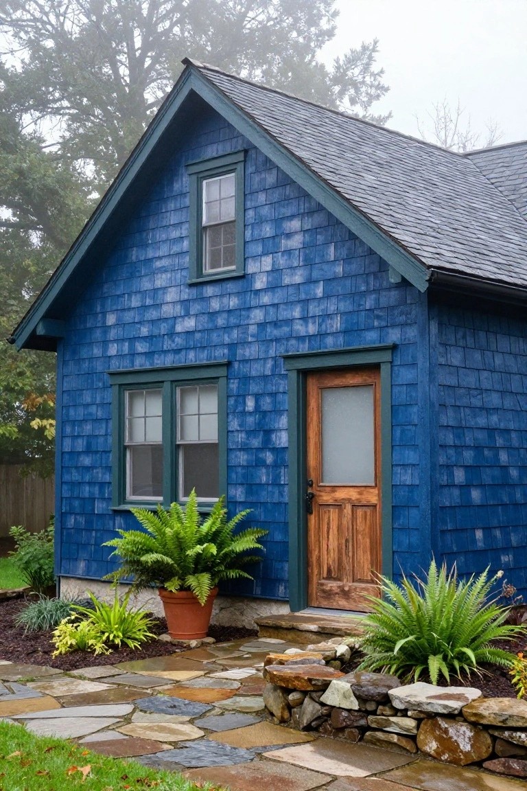 Blue shingled house exterior with dark green trim around windows and door, wooden entry door with frosted glass, potted ferns nearby, stone pathway, and low stone wall in a misty garden.