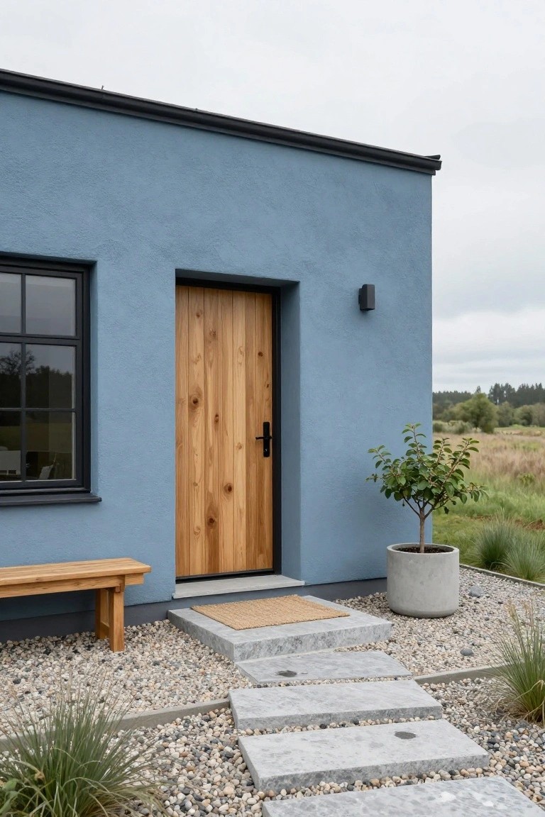 Light blue house exterior wall with vertical wood plank door, black-framed window, black wall light, wooden bench, potted tree in gray pot, stone steps, gravel ground cover, and ornamental grasses.