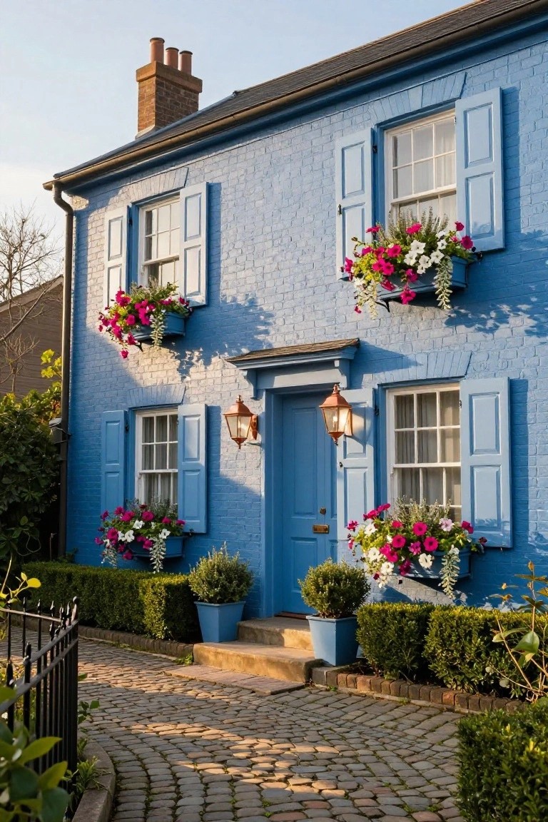 Blue painted brick two-story house with white shutters, colorful flower window boxes on upper and lower levels, blue front door with brass lanterns, potted plants beside steps, hedges, and a curved cobblestone path edged by iron fence.