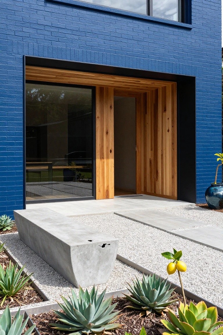Deep blue brick house exterior with recessed timber-clad entry door and large adjacent glass window, concrete bench, gravel ground cover, agave plants, and potted greenery in the front yard.
