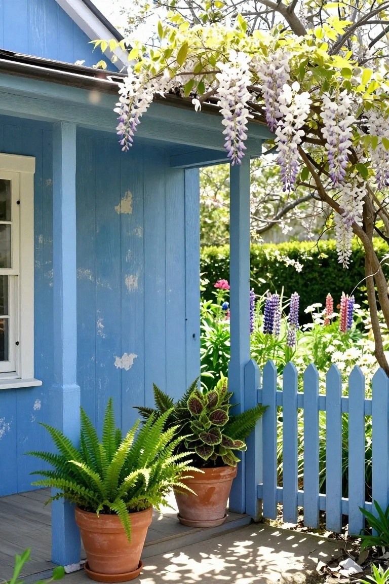 Weathered blue clapboard cottage with covered porch draped in blooming purple and white wisteria, two large potted ferns on the porch, colorful garden beds with lupines and picket fence in front.