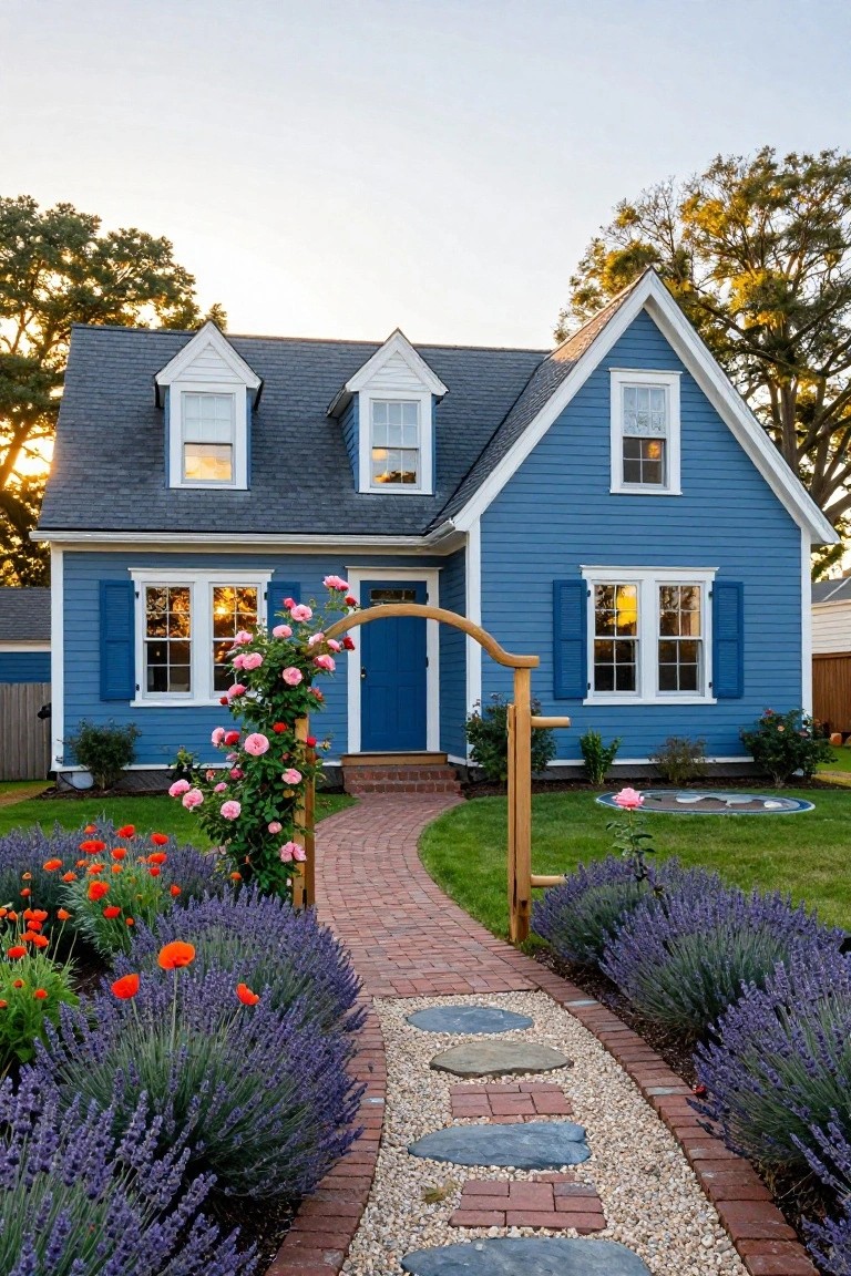 Blue clapboard house with white trim, gabled dormers, and blue shutters, approached by a brick pathway edged in lavender bushes and poppies under a wooden arch covered in pink climbing roses.