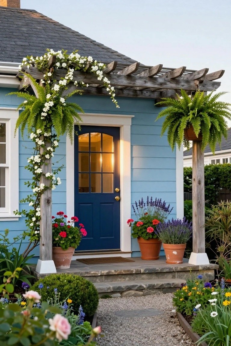 Light blue clapboard house exterior featuring a dark blue front door under a rustic wooden pergola covered in white climbing flowers, with hanging ferns on posts, potted red geraniums and purple lavender beside the steps, and a gravel path edged by flower beds.