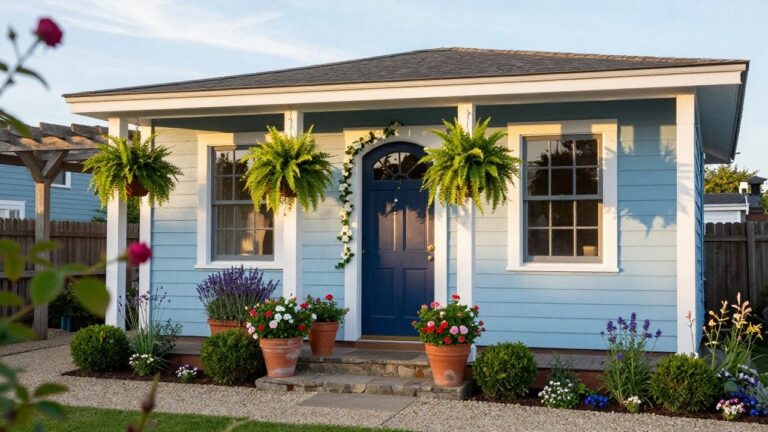 Light blue clapboard house exterior featuring a dark blue front door under a rustic wooden pergola covered in white climbing flowers, with hanging ferns on posts, potted red geraniums and purple lavender beside the steps, and a gravel path edged by flower beds.