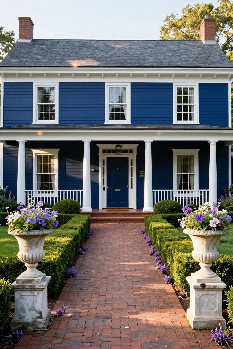 Front exterior of a two-story navy blue clapboard house with white trim, gabled gray roof, porch supported by white columns, navy front door, and brick walkway lined with boxwood hedges and stone urns filled with purple flowers.