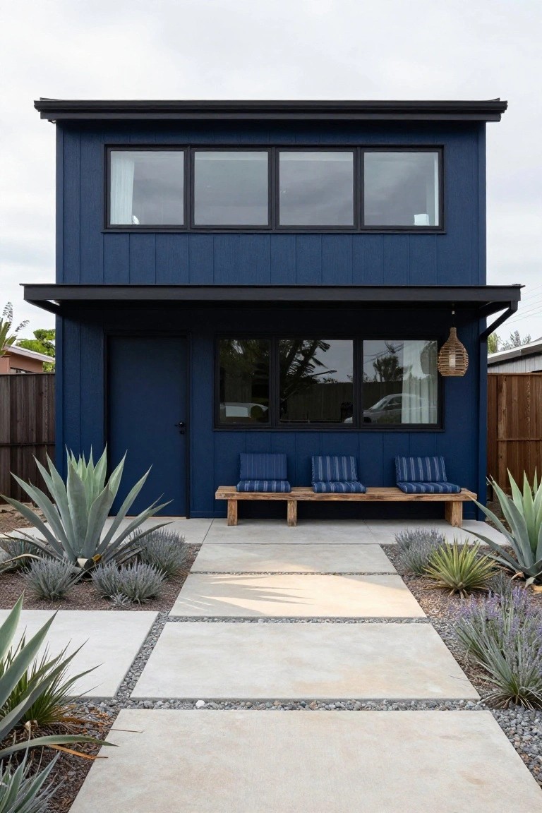 A two-story navy blue vertical board-and-batten house with black-trimmed windows and door under a covered porch, wood benches with blue cushions on the porch flanked by agave plants, and a concrete paver pathway edged in gravel leading to the entrance.