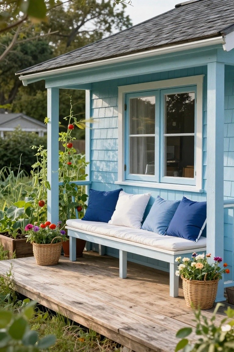 Blue shingle siding garden house with covered porch holding a long cushioned bench with navy and white pillows, flanked by potted flowers and a tall tomato vine climbing the post, wooden deck and garden beds around.