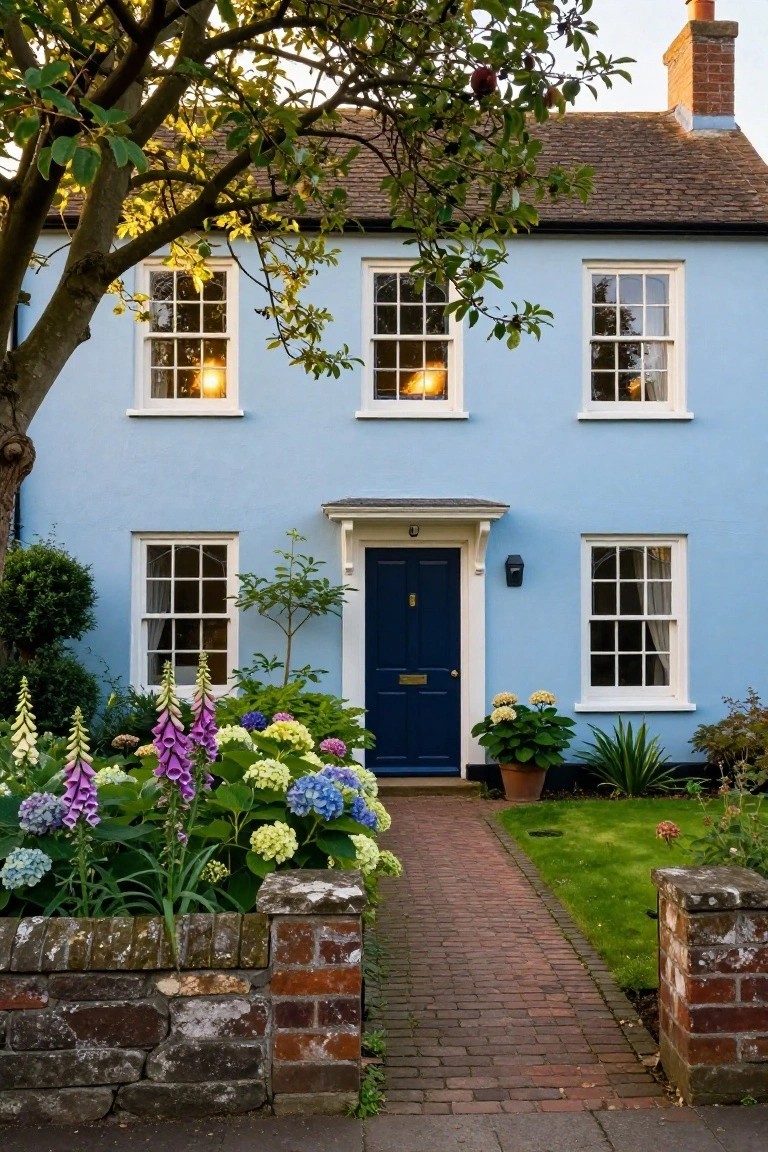 Light blue two-story house with white sash windows, dark blue front door, brick path entrance, and cottage garden featuring foxgloves, hydrangeas, and shrubs under a tree.