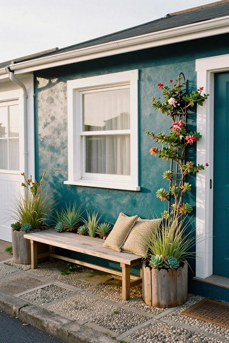 Teal stucco house wall with white-framed window and door, wooden bench with pillows, potted succulents and grasses, climbing plant on metal trellis, beside pebble and stone path.
