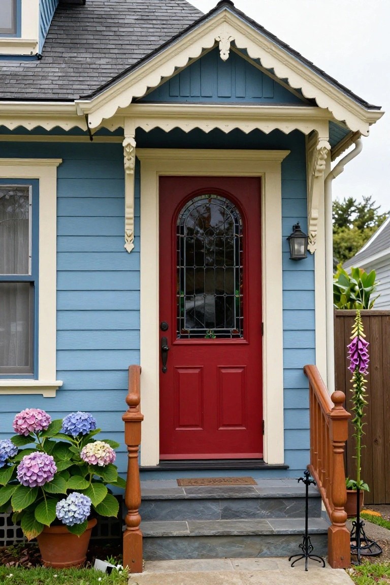 Light blue house exterior with pale yellow trim, red arched front door with stained glass window, wooden porch railing and steps, lantern light, potted hydrangeas, and foxglove plant by a fence.