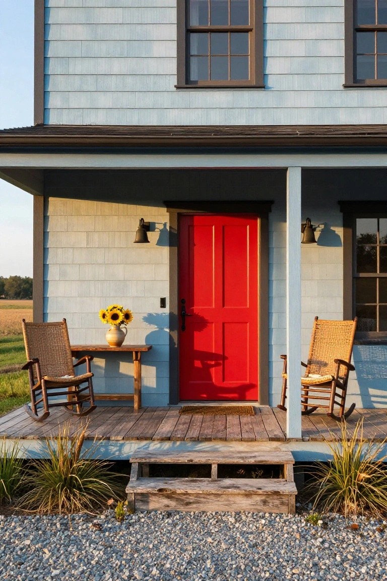Light blue shingled house with red front door, wooden porch holding wicker rocking chairs and small table with sunflowers in vase, lanterns flanking door, gravel path and plants in front.