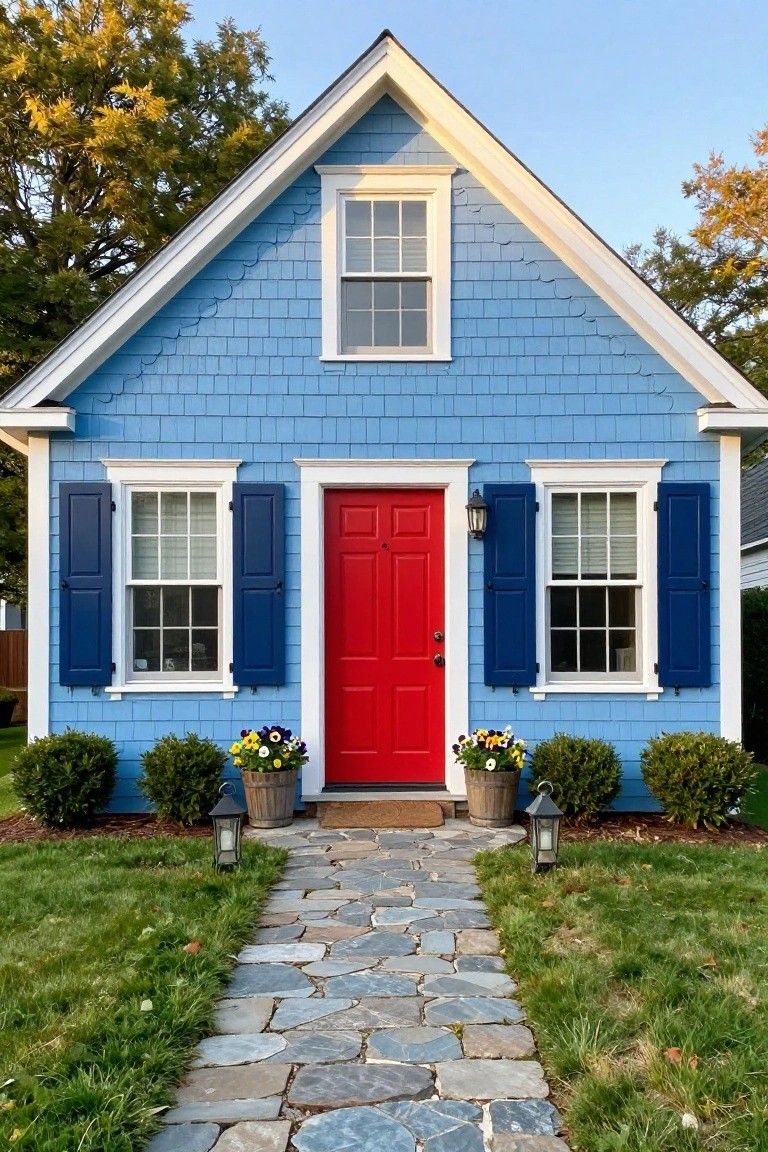 Light blue shingled two-story house with white trim, navy blue shutters on windows flanking a red front door, potted flowers on either side, lanterns, and stone pathway leading from green lawn.