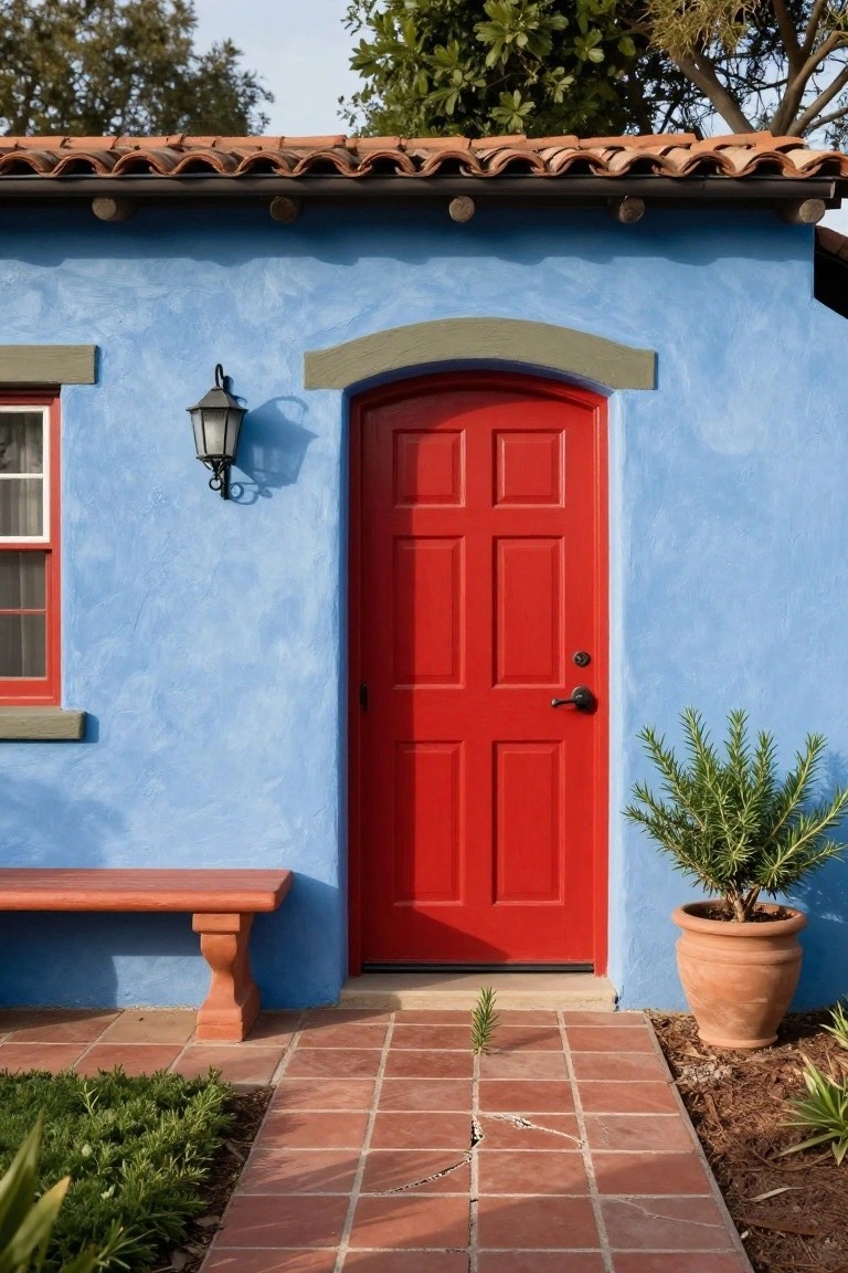 Blue stucco house exterior featuring a red paneled door in an arched opening, wall-mounted lantern light, stone bench, potted rosemary plant, and red tile pathway with surrounding low plants.