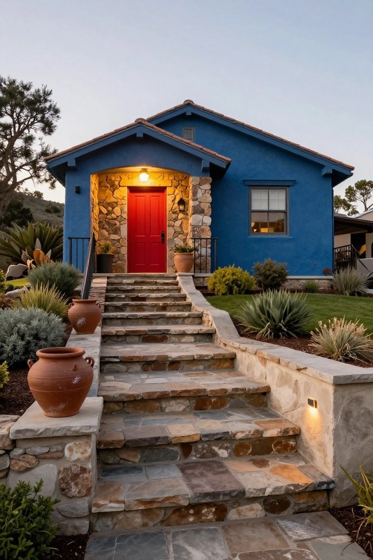 Blue stucco house with red front door in a stone archway, stone steps leading up flanked by terracotta pots and agave plants in the yard at dusk.