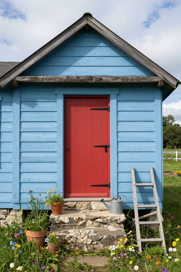 Small blue wooden shed with red door and black hinges, stone steps at entrance with potted plants and flowers, wooden ladder leaning on side, surrounded by garden bed in rural setting