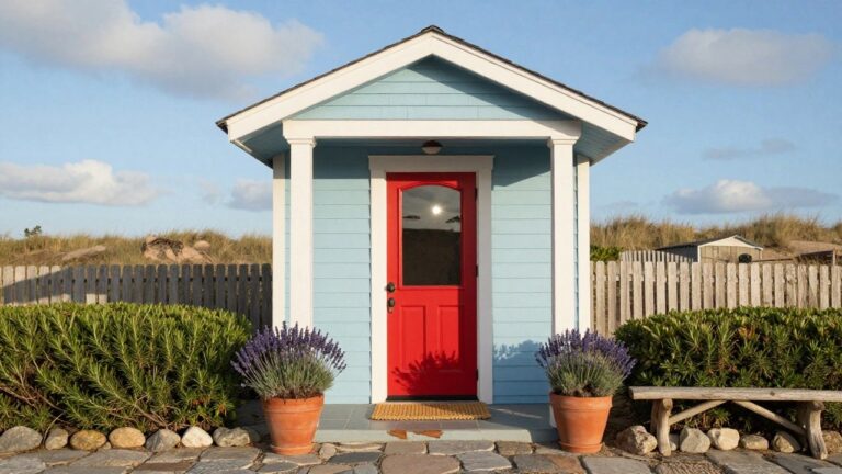 Light blue clapboard house with white porch columns and trim, featuring a bright red arched door, wooden bench on porch, lavender plants in terracotta pots, stone pathway, and distant beach dunes.