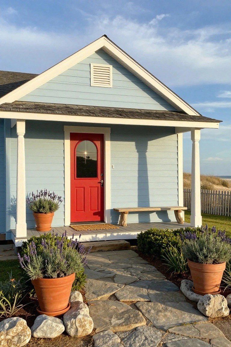Light blue clapboard house with white porch columns and trim, featuring a bright red arched door, wooden bench on porch, lavender plants in terracotta pots, stone pathway, and distant beach dunes.