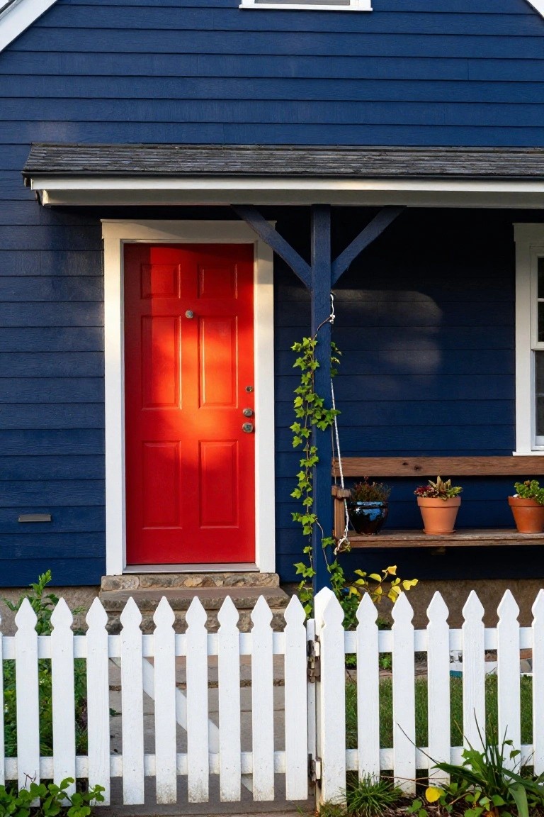 Navy blue clapboard house exterior with red front door, white trim, covered porch with potted plants and hanging ivy, and white picket fence in front.
