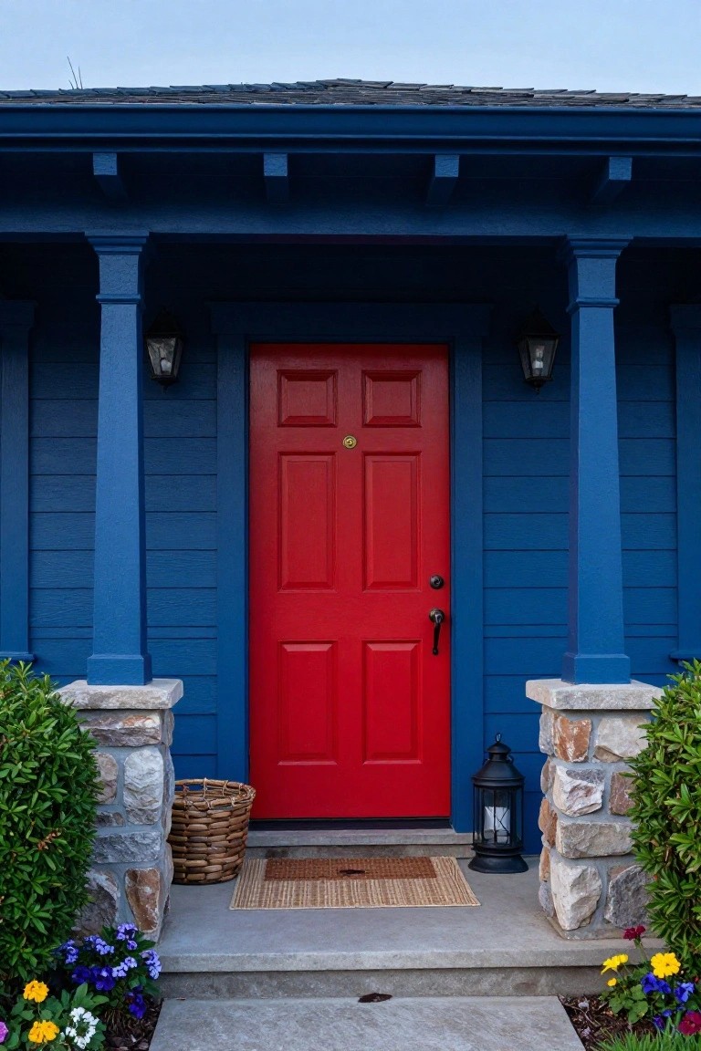 Navy Blue House with Red Door Entry