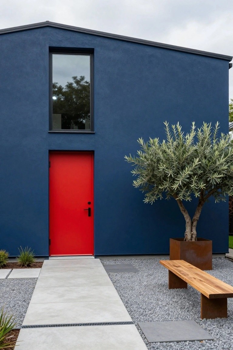 Deep navy blue stucco house exterior with tall narrow window, bright red front door, olive tree in corten steel planter beside wooden bench, stone and gravel pathway under cloudy sky.