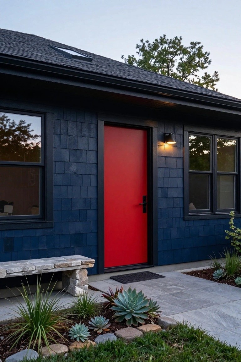 Front view of a house with dark blue shingle siding, red front door, black-framed windows, exterior light, stone bench, and succulent plantings along a paved walkway.