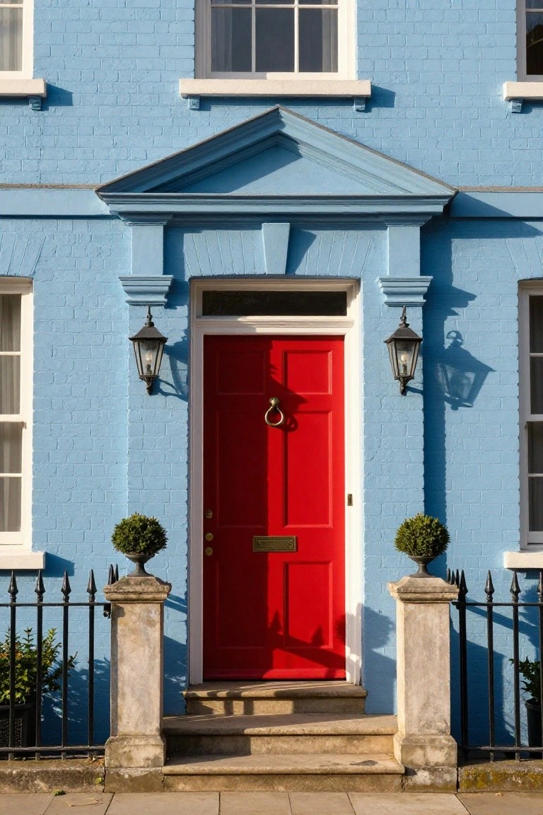 Light blue painted brick house facade with red front door, flanked by black lanterns and stone pillars holding topiary plants, steps leading to the entrance.