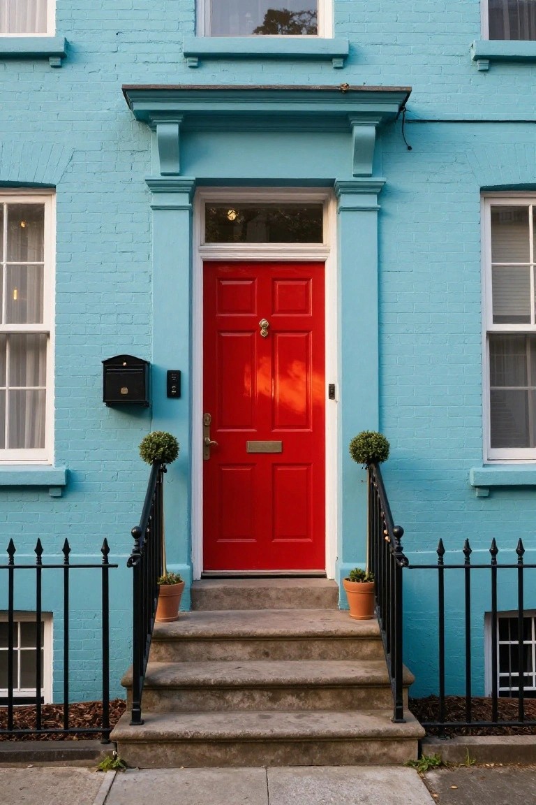 Turquoise brick townhouse exterior featuring a glossy red paneled front door with brass knocker, flanked by stone steps, black iron railing, mailbox, and potted boxwood shrubs.
