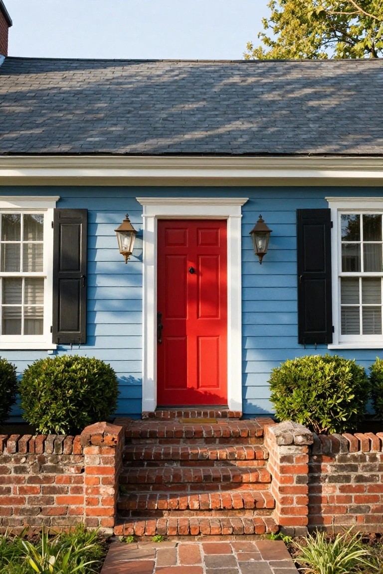 Front facade of a light blue clapboard house with slate roof, red front door flanked by lanterns, black shutters on white-framed double-hung windows, brick entry steps, and paired boxwood shrubs.