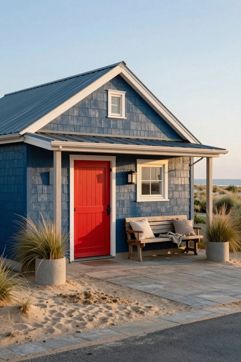 Small blue shingle-sided cottage with red front door, covered porch, wooden bench with pillows, potted grasses, and sandy path near beach dunes.