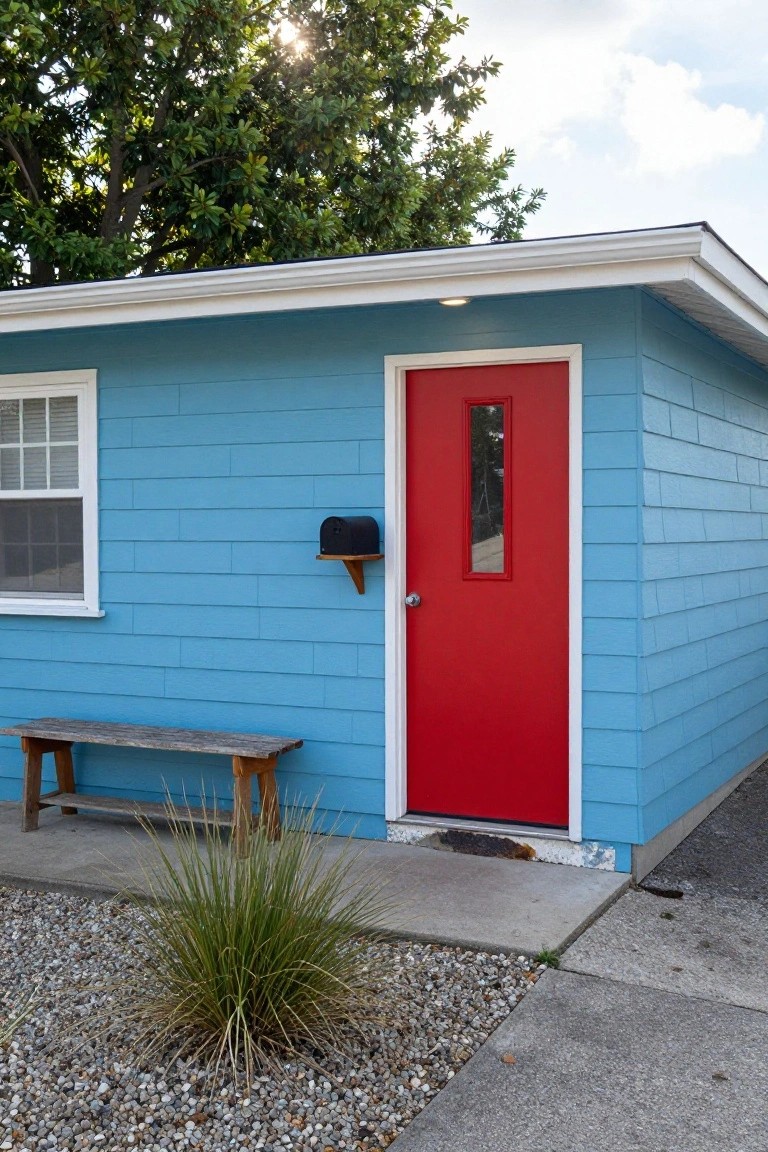 Light blue shingle-style house exterior with white trim around a single window and red front door with glass panel, black wall-mounted mailbox, wooden bench, clump of ornamental grass, gravel mulch, and concrete stoop.