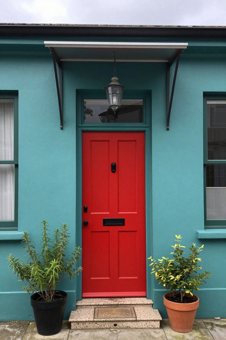 Turquoise painted house exterior featuring a red front door with black knocker and letterbox, flanked by potted plants on either side, under a metal porch awning with hanging lantern light and stone steps.