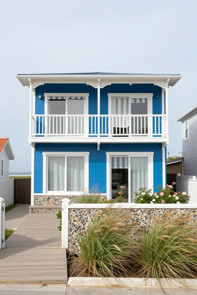 Two-story cobalt blue house with white trim, balcony railing, large curtained windows and doors, pebble base, ornamental grasses and roses, and wooden boardwalk pathway beside neighboring houses and beach dunes.