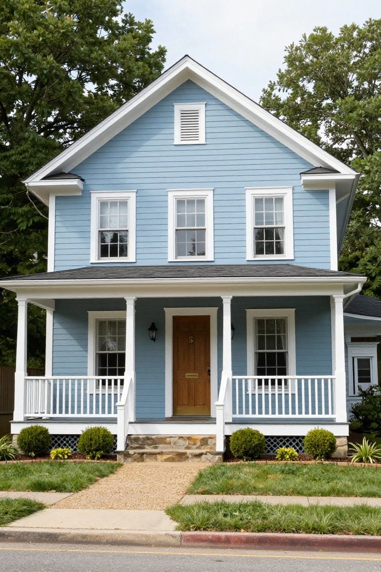 Two-story light blue clapboard house with white trim, gabled black roof, front porch with white columns and railing, white-framed windows, wood door, stone steps, gravel path, shrubs, and lawn.