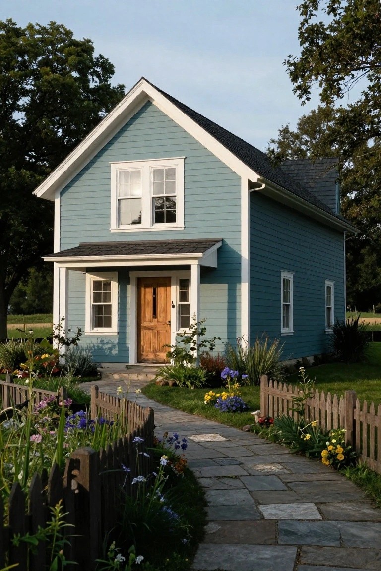 A small light blue clapboard house with white trim, black roof, covered front porch, wooden entry door, stone pathway, flower beds, picket fence, and surrounding trees and grass.