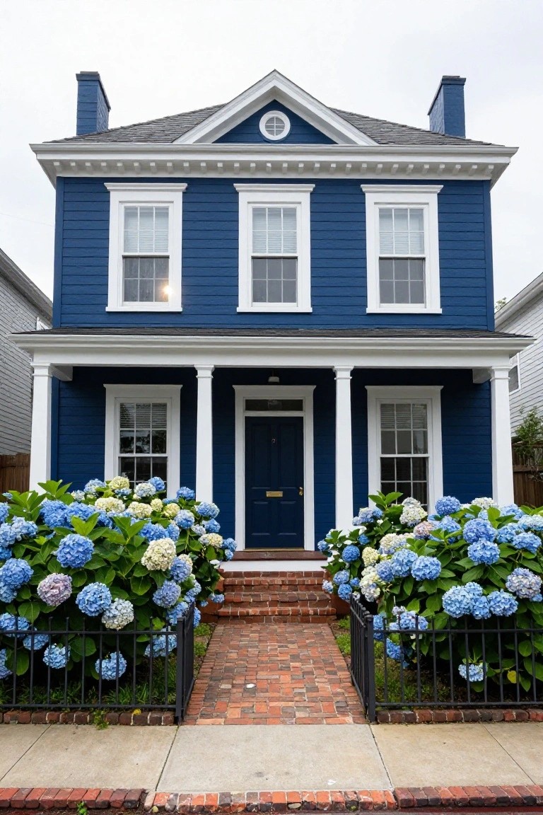 Two-story navy blue clapboard house with white trim, gabled roof, columned front porch, dark blue front door, large blue hydrangea bushes flanking brick entry steps, and black iron fence.