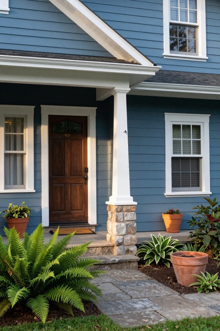 Blue clapboard house with white trim and gable roof, featuring a covered front porch with dark wood door, white columns on stone base, potted plants, and stone pathway.