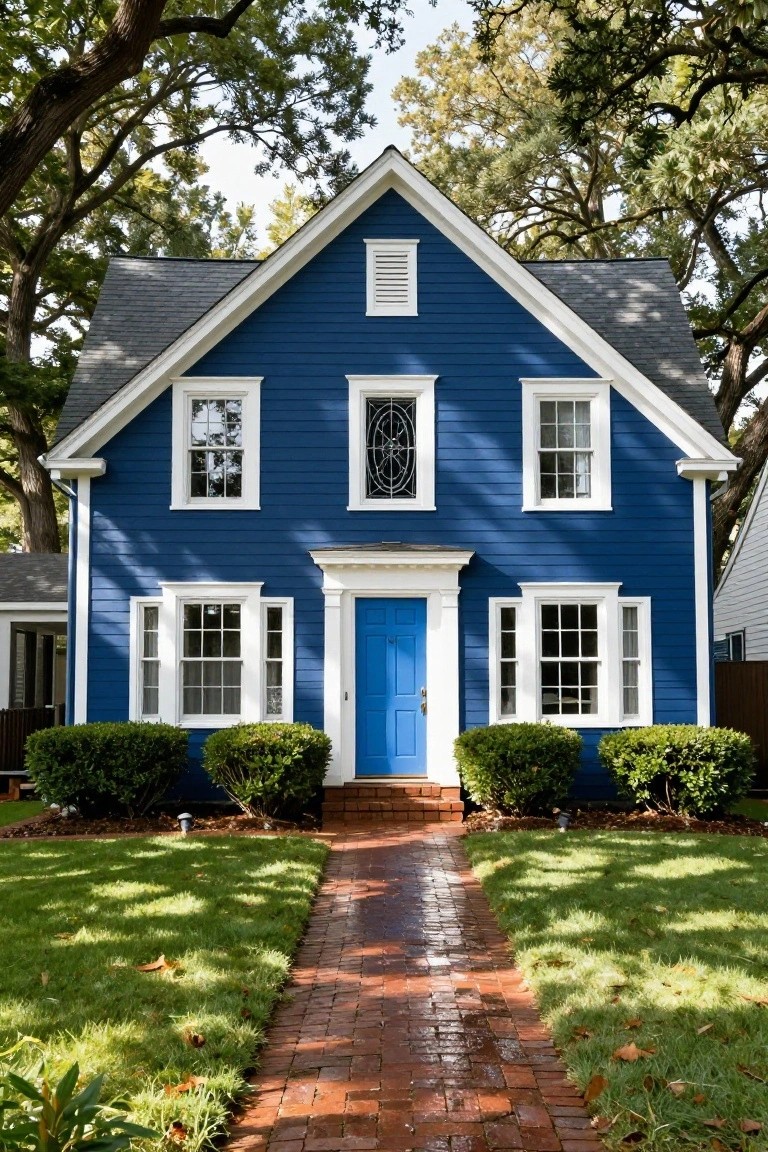 A two-story navy blue clapboard house with white trim, gabled roof, central blue front door, symmetrical windows, brick walkway, boxwood shrubs, and lawn under large oak trees.