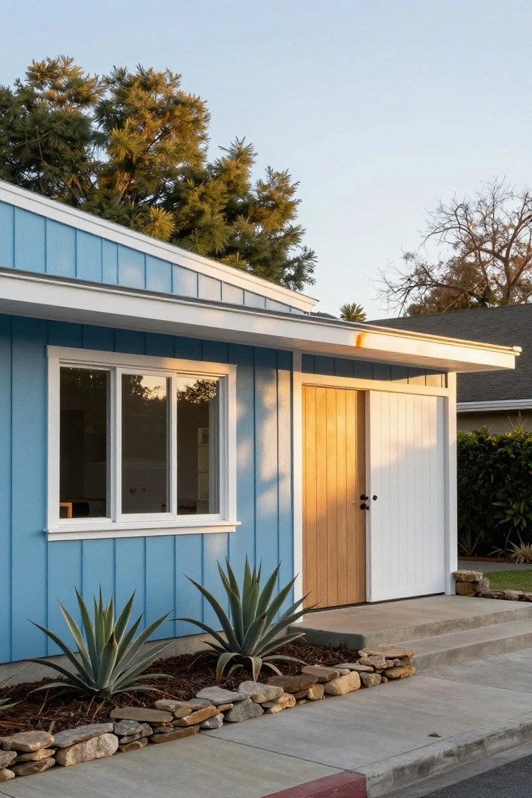 Blue clapboard house exterior with white trim around a sliding window and wooden entry door, agave plants in a rock-edged bed, concrete steps, and a sloped roof overhang.