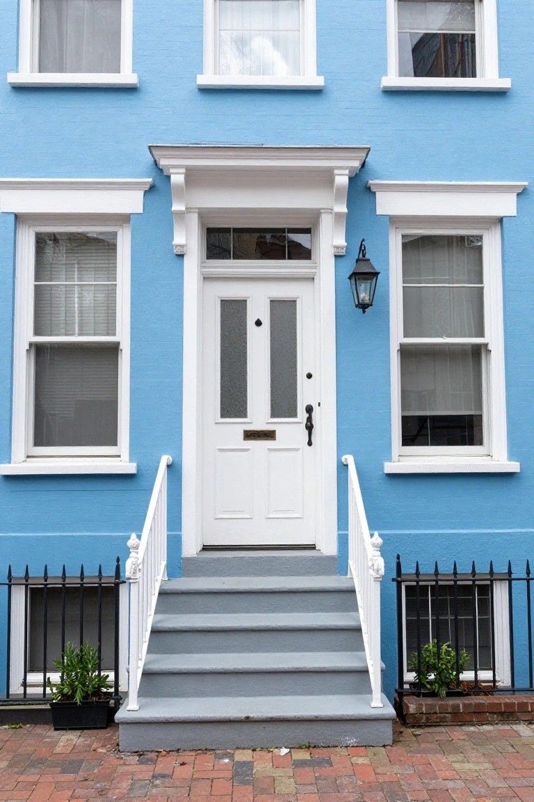 Blue painted brick rowhouse facade with white trim around multi-pane windows, a white double front door with glass panels, white porch railing on gray steps, a black lantern light, basement grilles with plants, and brick sidewalk.