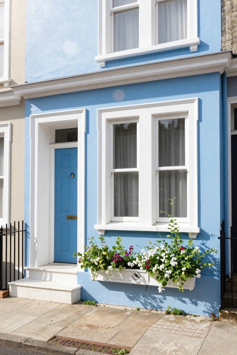 Light blue terraced house with white window frames, blue front door, and white flower box overflowing with pink, white, and purple blooms on the lower window, next to a beige house on a paved sidewalk.