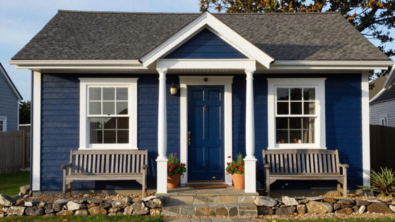 Front view of a two-story navy blue shingled house with white trim, gabled porch supported by white columns, dark blue front door with glass panel, wooden benches with potted plants on porch, and stone steps leading to gravel path flanked by rocks.
