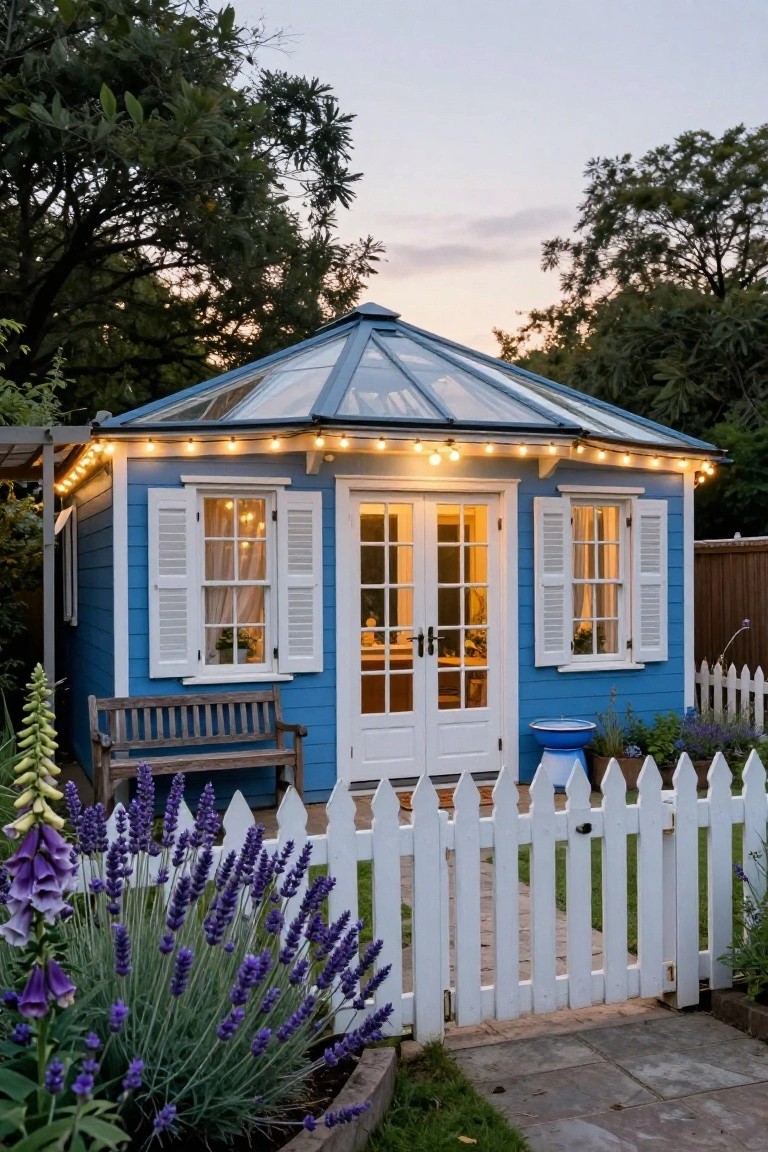 Blue wooden garden shed with white shutters, double doors, and trim, topped by a glass pyramid roof, fairy lights along the edges, wooden bench beside it, lavender and foxglove plants, and white picket fence in a backyard at dusk.