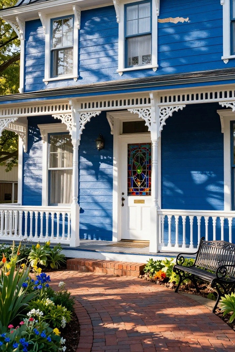 Blue Victorian house exterior featuring ornate white gingerbread porch trim, stained glass front door, white railings, lantern light, black bench, and curved brick path with colorful flower beds.