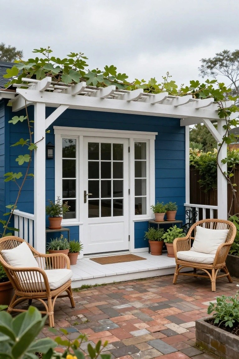 A small navy blue clapboard garden shed with white trim, white pergola covered in green vines, white French doors with nine-lite windows, potted plants on shelves, rattan armchairs with cushions, and brick paver patio.